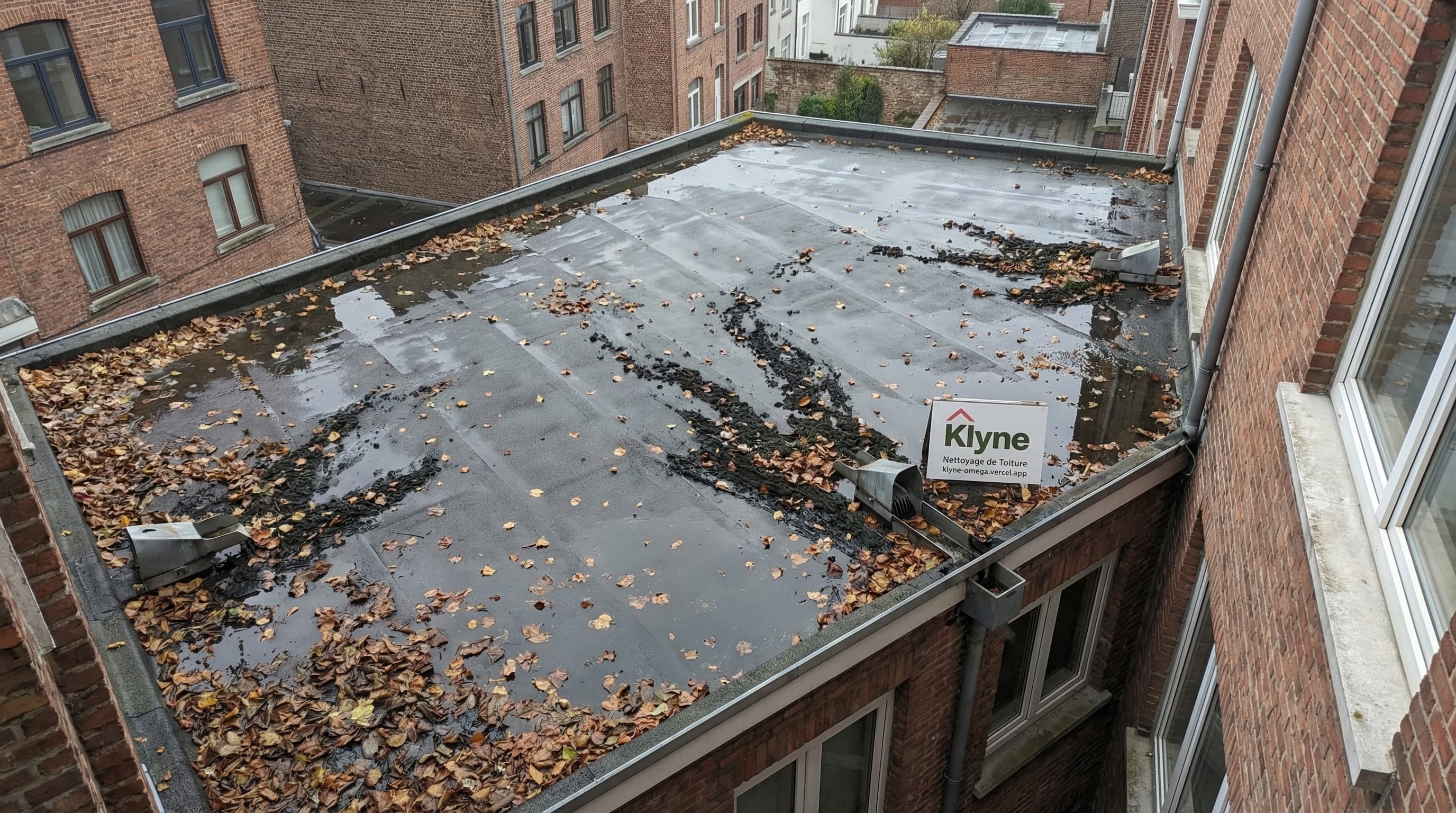 Toit plat urbain avec feuilles humides, dépôts sombres et évacuation visible à Belgique