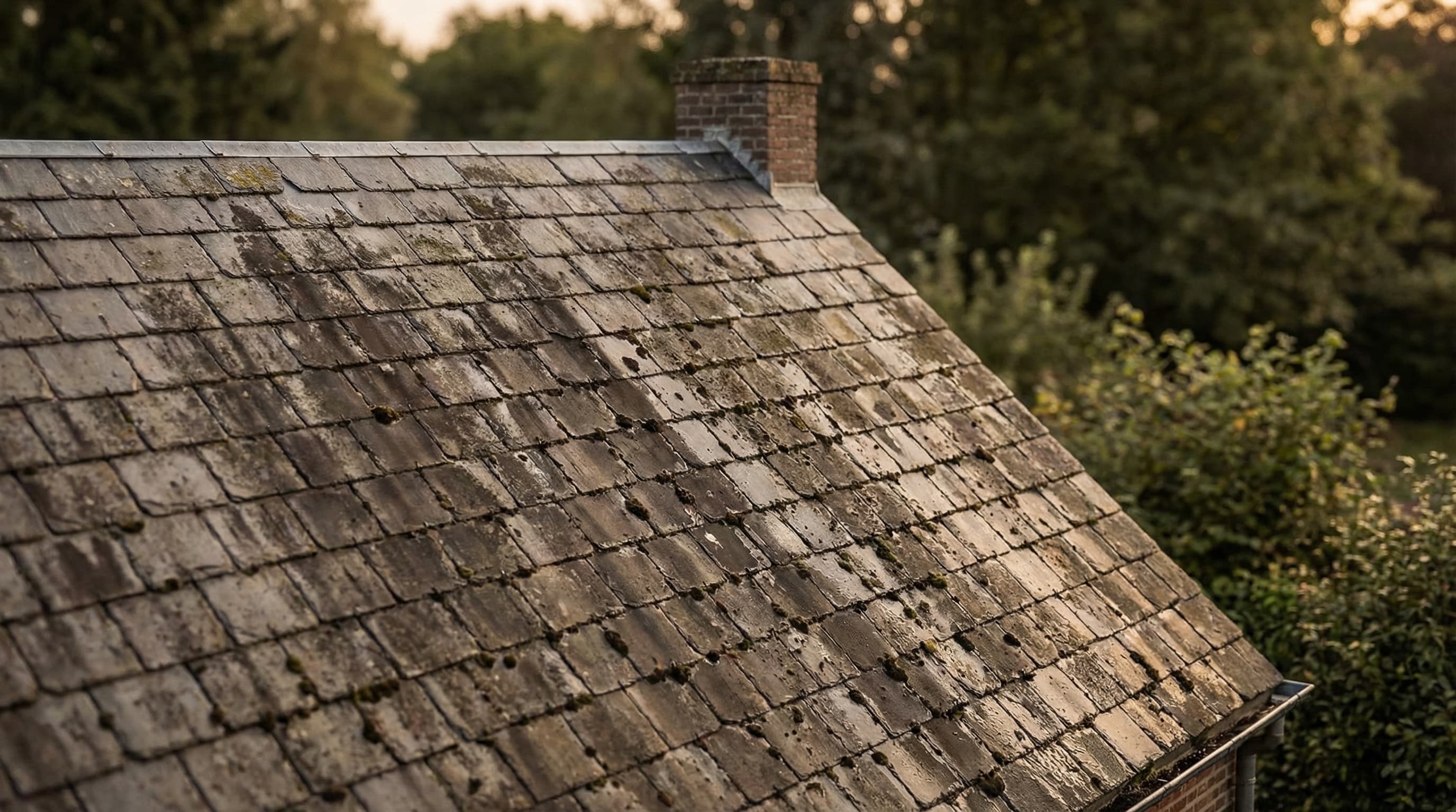 Toiture en ardoise sur maison ancienne avec salissures foncées et humidité résiduelle à Belgique